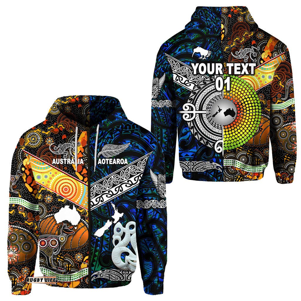 Custom Personalised New Zealand Maori Aotearoa And Australia Aboriginal Zip Hoodie Together Blue, Custom Text And Number