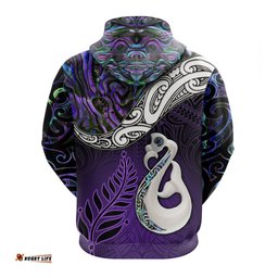 New Zealand Maori Zip Hoodie Manaia Paua Shell Glitter Purple
