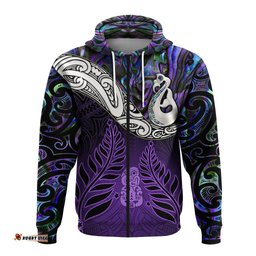 New Zealand Maori Zip Hoodie Manaia Paua Shell Glitter Purple