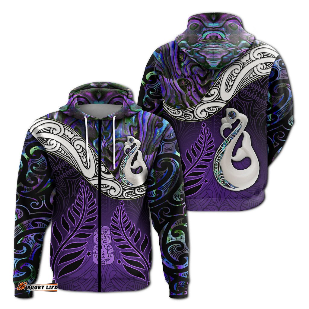 New Zealand Maori Zip Hoodie Manaia Paua Shell Glitter Purple