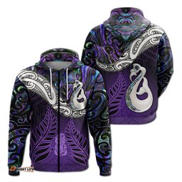 New Zealand Maori Zip Hoodie Manaia Paua Shell Glitter Purple