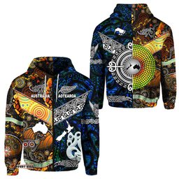New Zealand Maori Aotearoa And Australia Aboriginal Zip Hoodie Together Blue