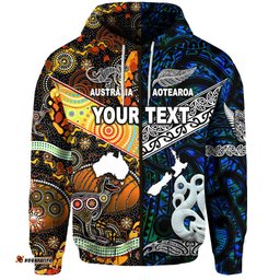 Custom Personalised New Zealand Maori Aotearoa And Australia Aboriginal Zip Hoodie Together Blue