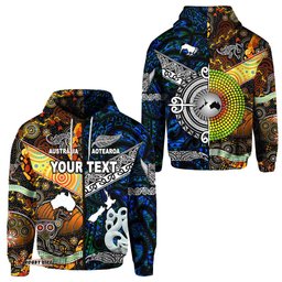 Custom Personalised New Zealand Maori Aotearoa And Australia Aboriginal Zip Hoodie Together Blue