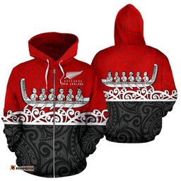 New Zealand Zip Up Hoodie, Maori Waka Zipper Hoodie Red