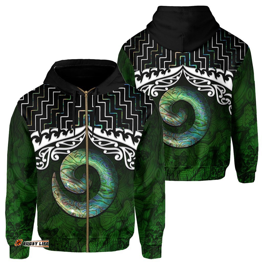 New Zealand Maori Zip Up Hoodie, Poutama Koru Paua Shell Zipper Hoodie