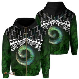 New Zealand Maori Zip Up Hoodie, Poutama Koru Paua Shell Zipper Hoodie