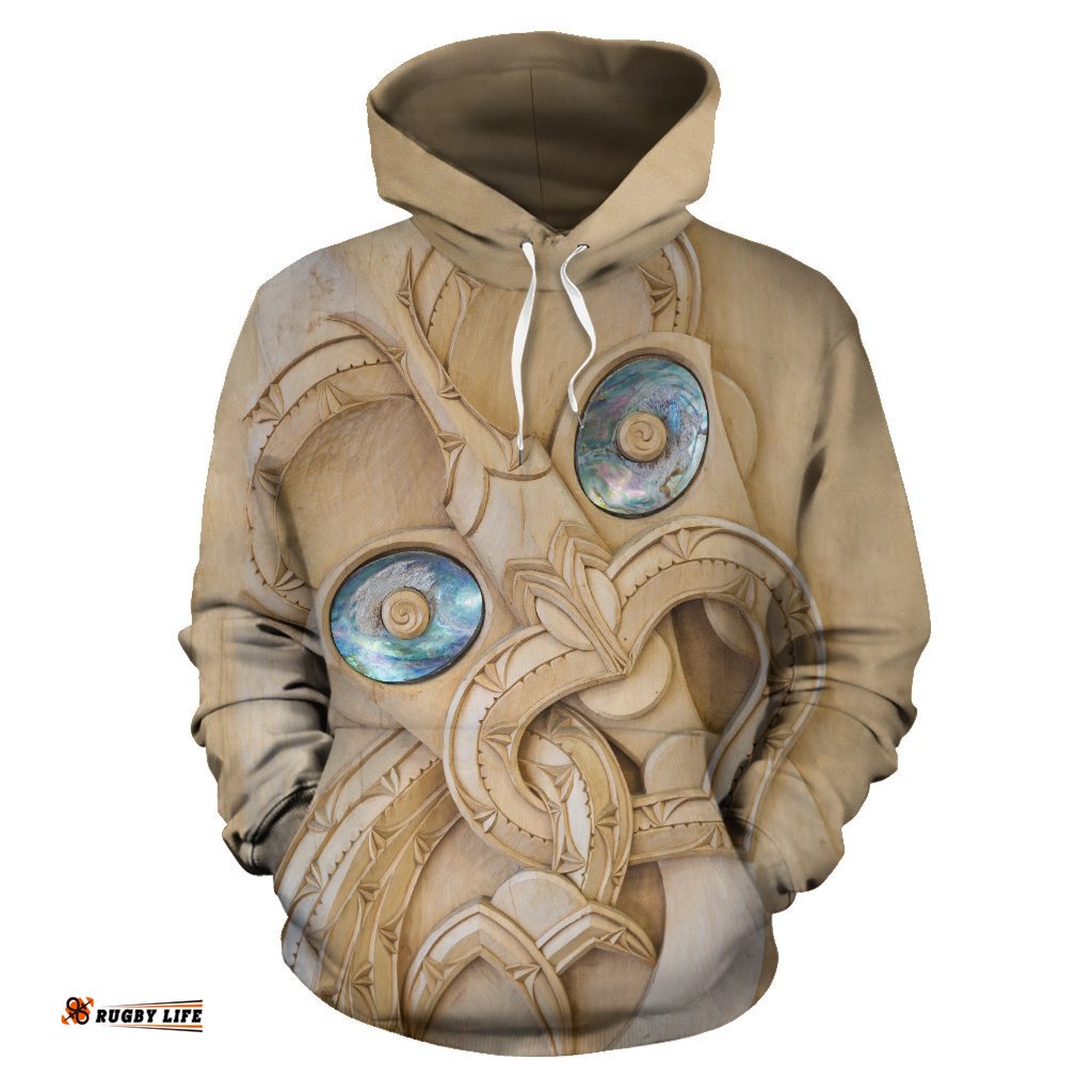 New Zealand Maori Hoodie, Tiki With Paua Shell Eyes Pullover Hoodie