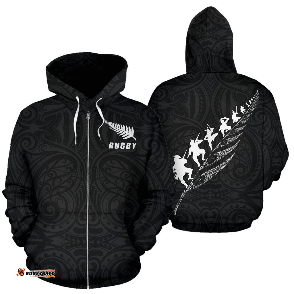 New Zealand Rugby Zip Up Hoodie, Maori Haka Fern Zipper Hoodie 02