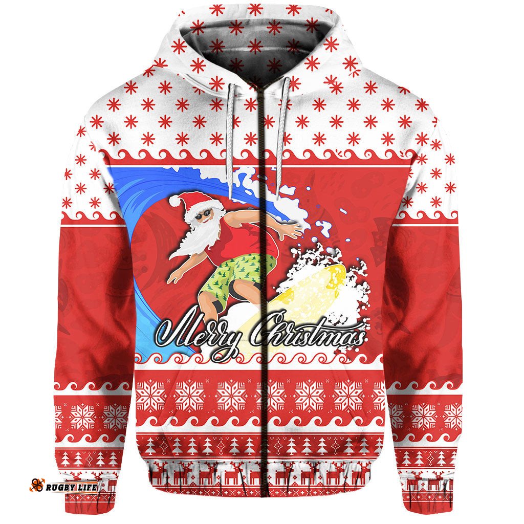 surfing santa claus zip hoodie christmas australia red style