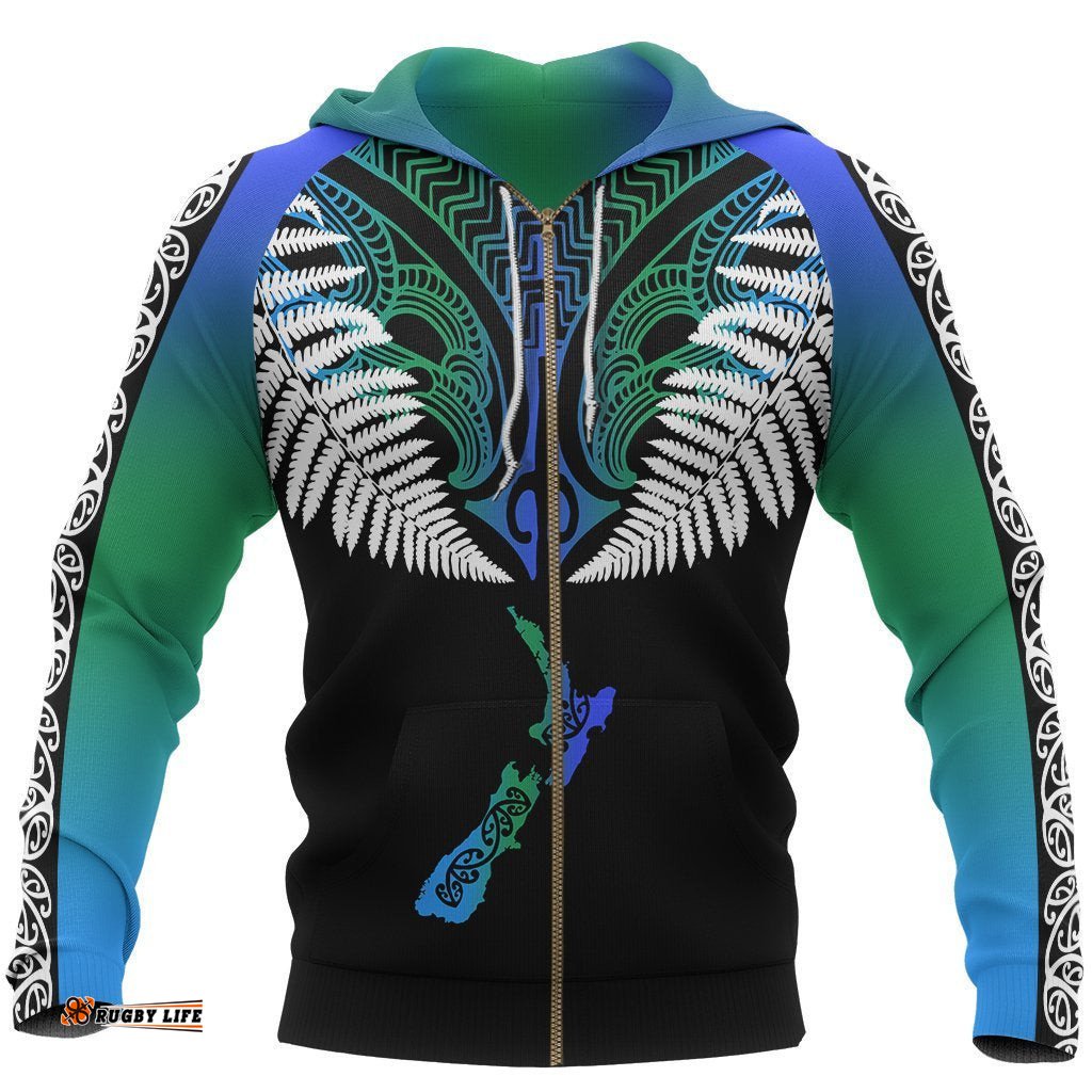 New Zealand Maori Zip Hoodie, Silver Fern Poutama Full Zip Hoodie