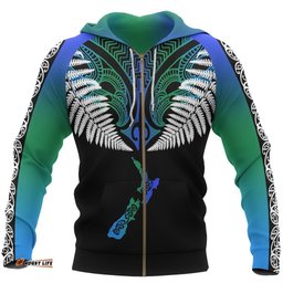 New Zealand Maori Zip Hoodie, Silver Fern Poutama Full Zip Hoodie
