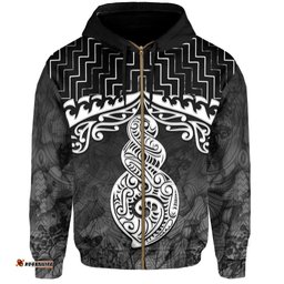 New Zealand Zip Up Hoodie, Poutama Maori Twist Zipper Hoodie Black