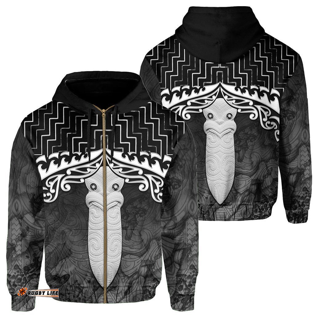 New Zealand Zip Up Hoodie, Poutama Maori Taiaha Mauri Zipper Hoodie Black