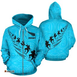 Rugby Haka Fern Zip Up Hoodie Blue