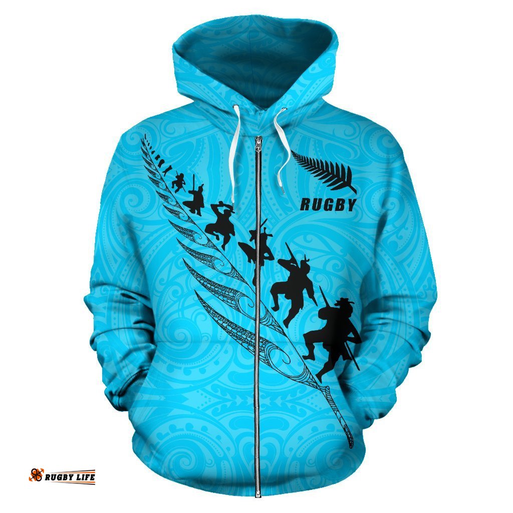 Rugby Haka Fern Zip Up Hoodie Blue