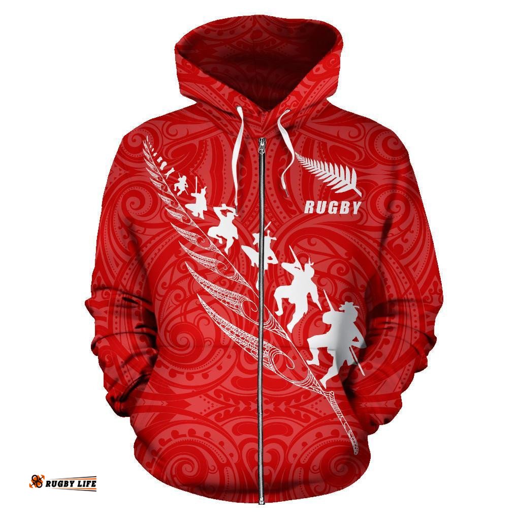 Rugby Haka Fern Zip Up Hoodie Red Custom Version