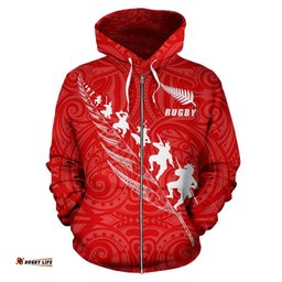 Rugby Haka Fern Zip Up Hoodie Red Custom Version
