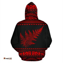 New Zealand Maori Zip Up Hoodie, Aotearoa Silver Fern Zipper Hoodie Red Customized