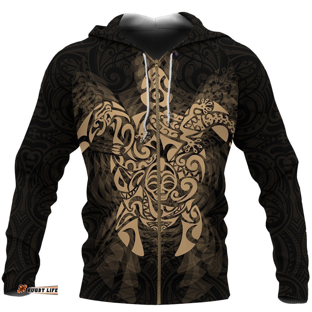 New Zealand Maori Zip Up Hoodie, Wairua Tattoo Turtle Zipper Hoodie Gold