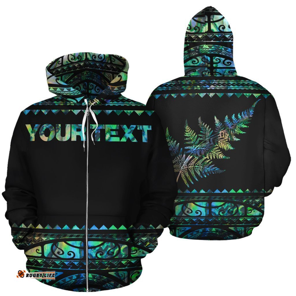 New Zealand Maori Zip Up Hoodie, Aotearoa Silver Fern Zipper Hoodie Paua Shell Customized