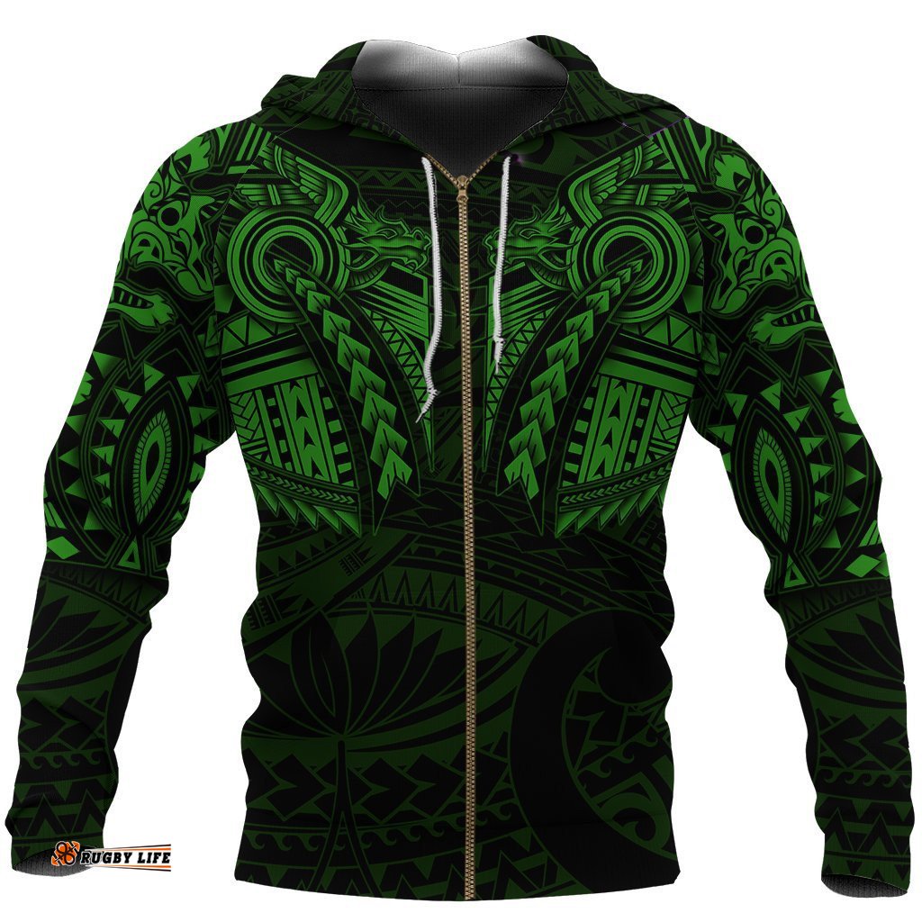 New Zealand Zip Up Hoodie, Maori Tattoo Wolf Dragon Zipper Hoodie Green
