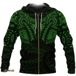 New Zealand Zip Up Hoodie, Maori Tattoo Wolf Dragon Zipper Hoodie Green
