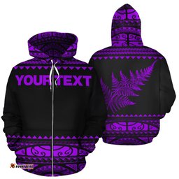 New Zealand Maori Zip Up Hoodie, Aotearoa Silver Fern Zipper Hoodie Purple Customized