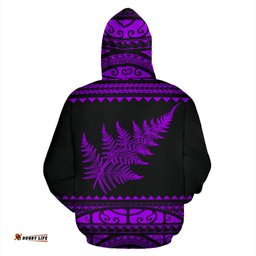 New Zealand Maori Zip Up Hoodie, Aotearoa Silver Fern Zipper Hoodie Purple Customized