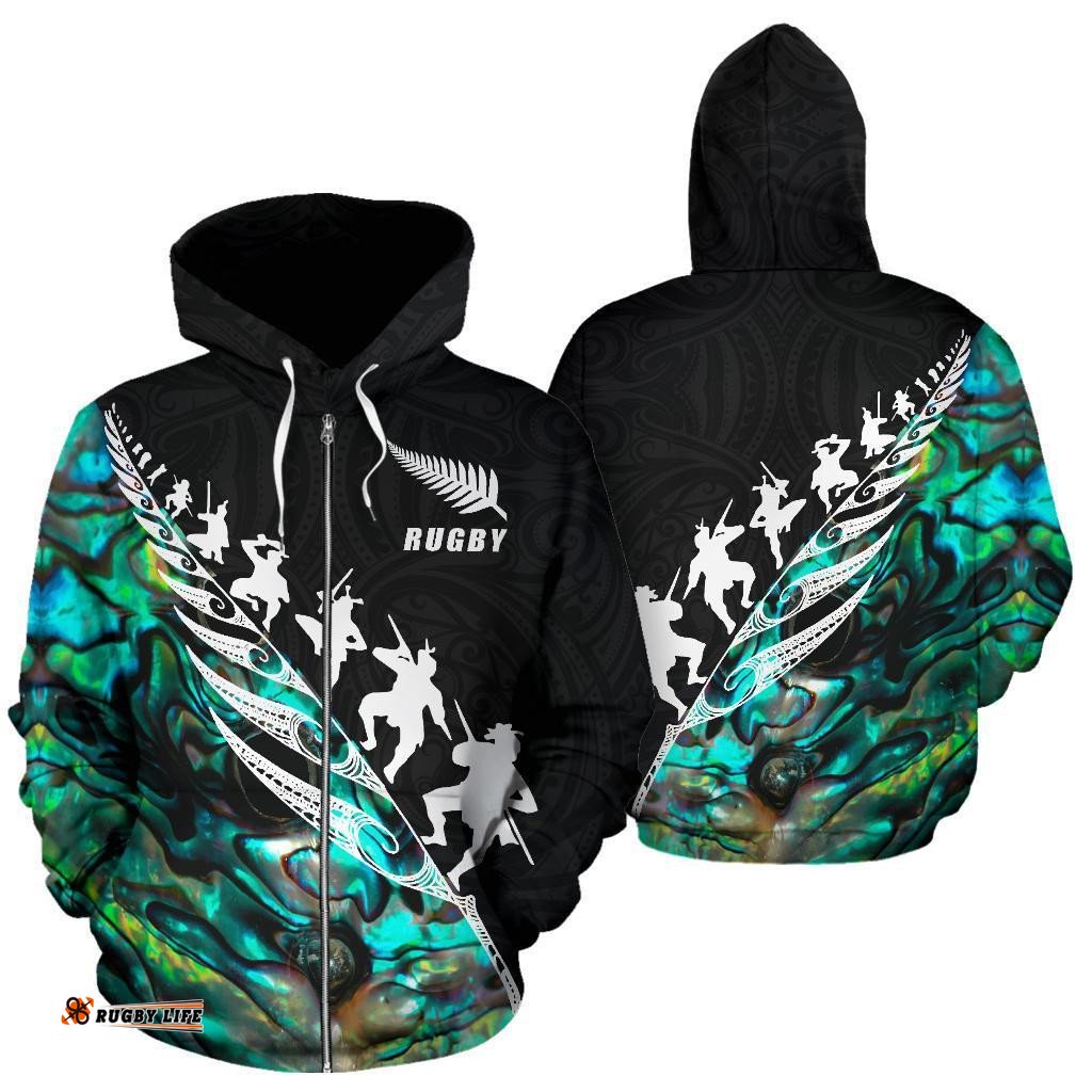 Rugby Haka Fern Zip Up Hoodie Paua Shell