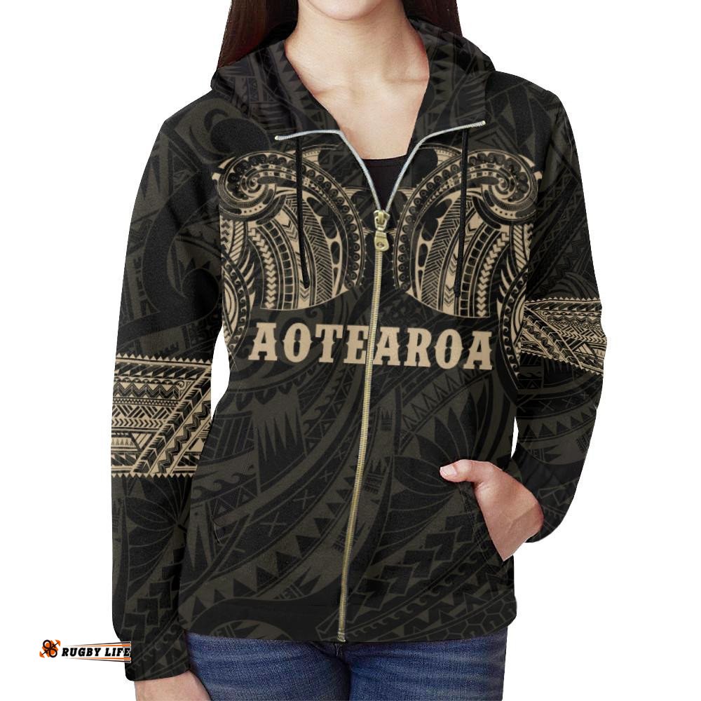 Aotearoa Maori Tattoo All Over Zip Hoodie Golden