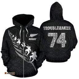 Rugby Haka Fern Hoodie Black Troublemaker Number 74