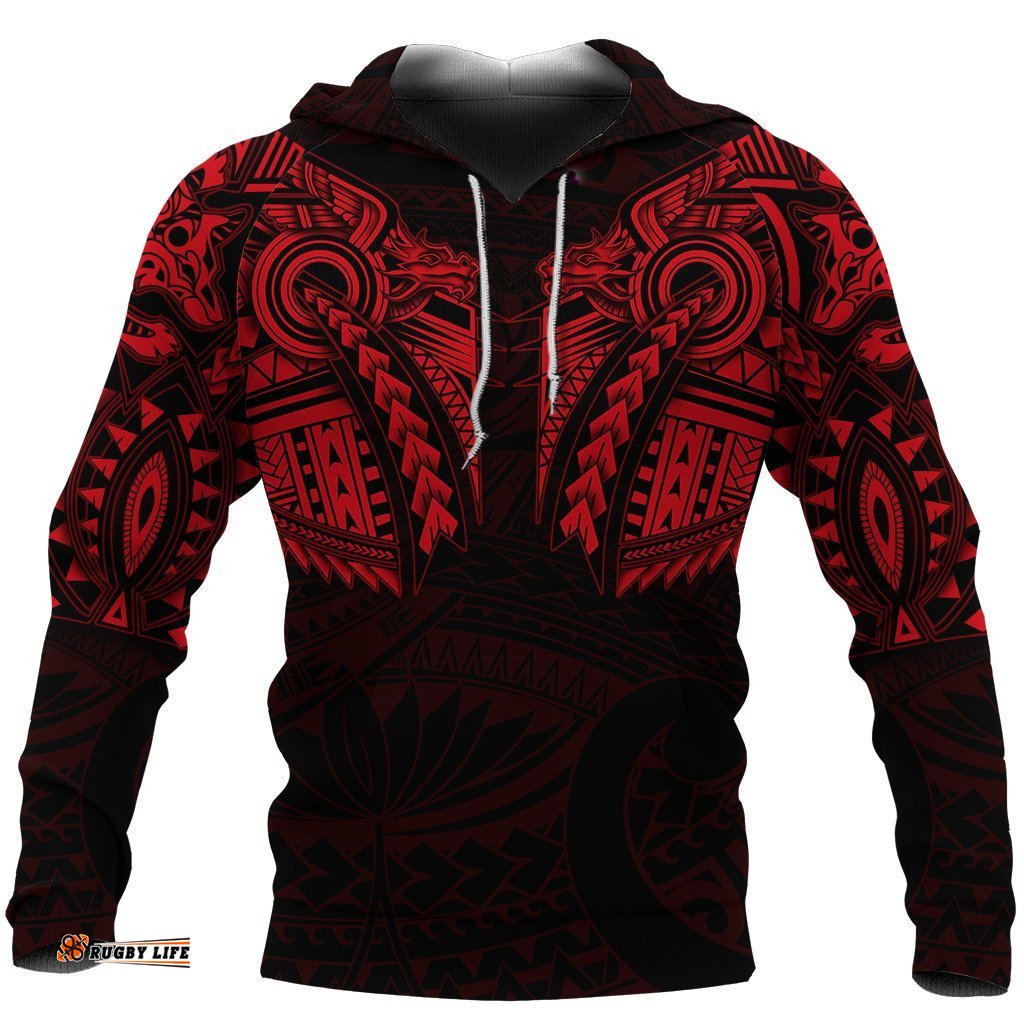 New Zealand Hoodie, Maori Tattoo Wolf Dragon Pullover Hoodie Red