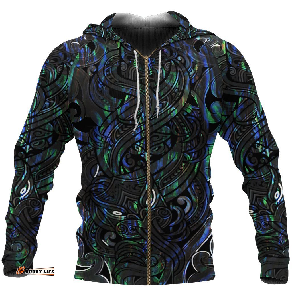 New Zealand Zip Up Hoodie, Maori Gods Zipper Hoodie, Tumatauenga God Of War Paua Shell