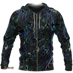 New Zealand Zip Up Hoodie, Maori Gods Zipper Hoodie, Tumatauenga God Of War Paua Shell