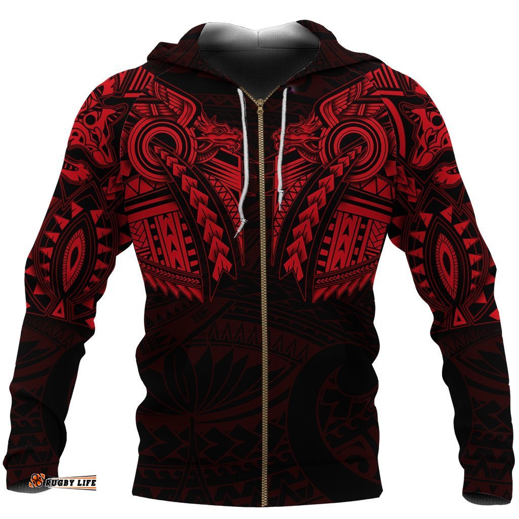 New Zealand Zip Up Hoodie, Maori Tattoo Wolf Dragon Zipper Hoodie Red