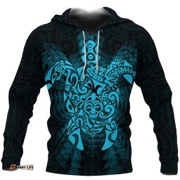 New Zealand Maori Hoodie, Wairua Tattoo Turtle Pullover Hoodie Blue