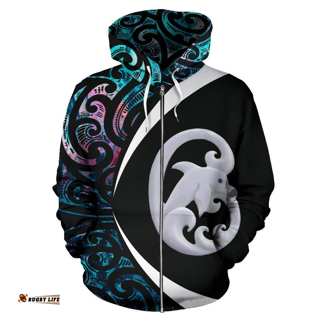 Aotearoa Maori Dolphin Zip Hoodie, Koru Aihe Paua Shell Full Zip Hoodie