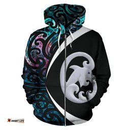 Aotearoa Maori Dolphin Zip Hoodie, Koru Aihe Paua Shell Full Zip Hoodie