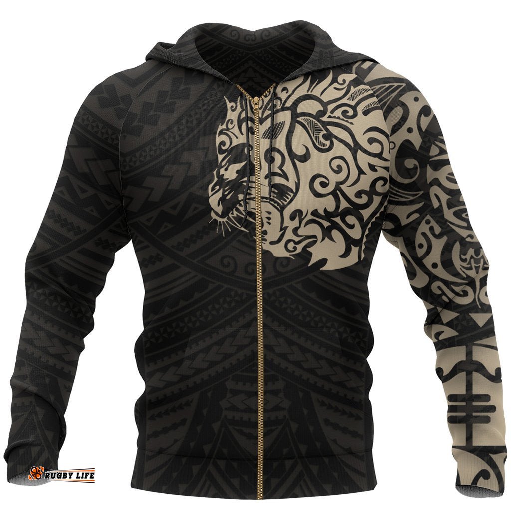 Maori Tattoo Hoodie, New Zealand Lion Tattoo Zipper Hoodie Tan