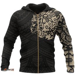 Maori Tattoo Hoodie, New Zealand Lion Tattoo Zipper Hoodie Tan