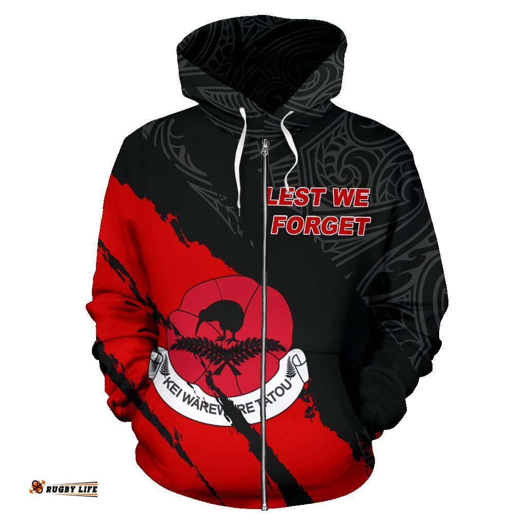 ANZAC Day New Zealand Zip Hoodie, Kiwi Ferns Maori Full Zip Hoodie