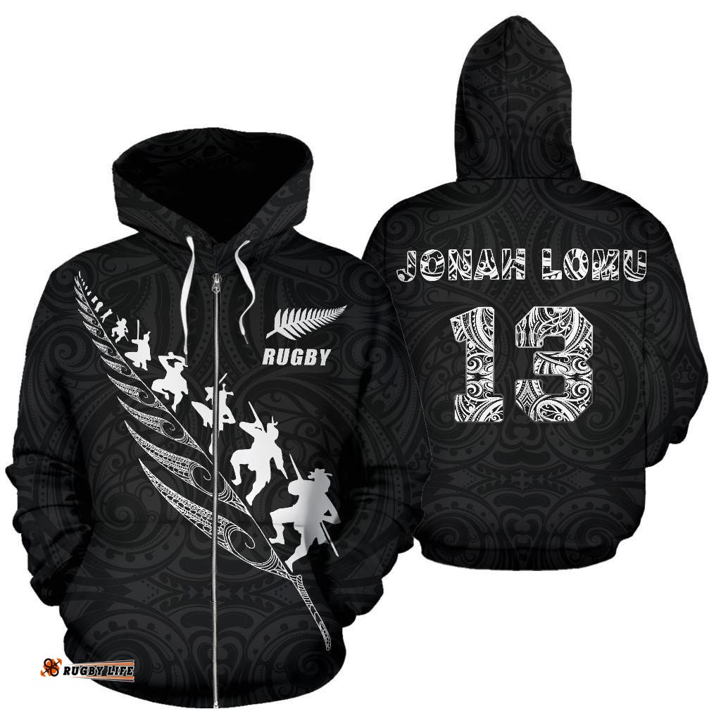 Rugby Haka Fern Zip Up Hoodie Black Jonah Lomu 13