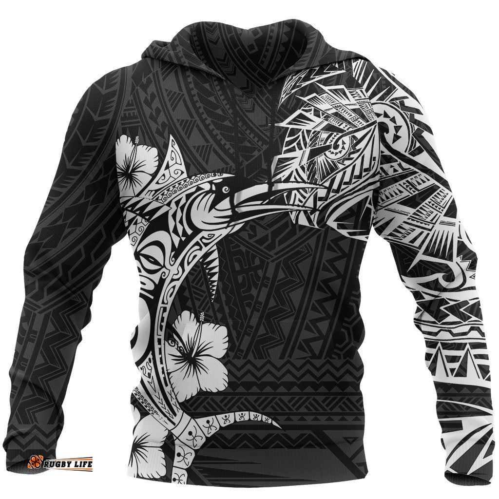 Polynesian Tattoo Hoodie, Marlin Hibiscus Pullover Hoodie