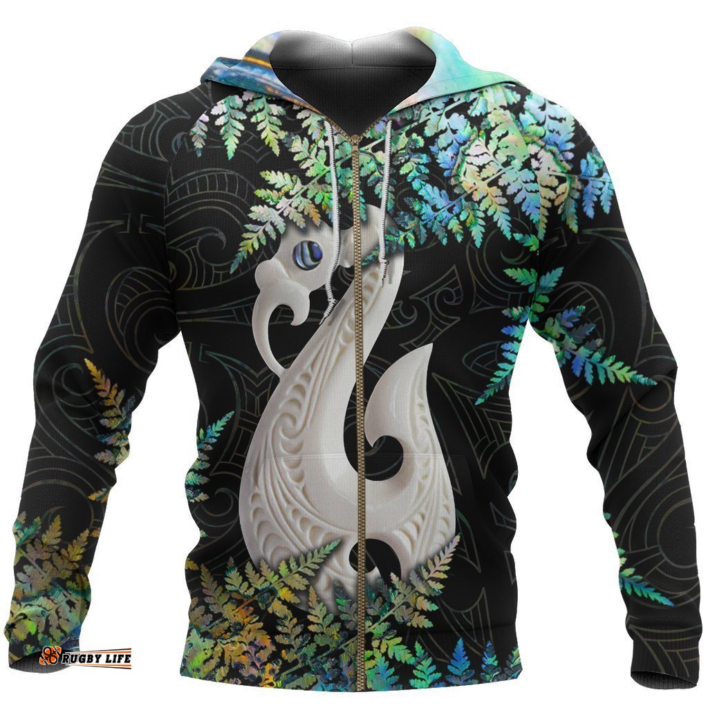 Aotearoa Zip Up Hoodie Manaia New Zealand Zipper Hoodie Silver Fern Paua Shell