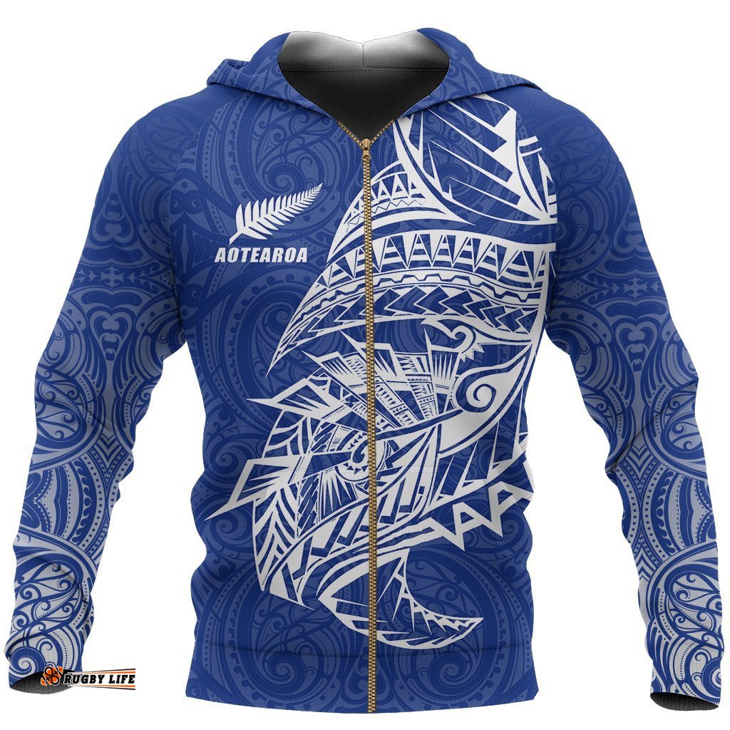 New Zealand Zip Up Hoodie, Maori Tattoo Zipper Hoodie Polynesian Style Blue