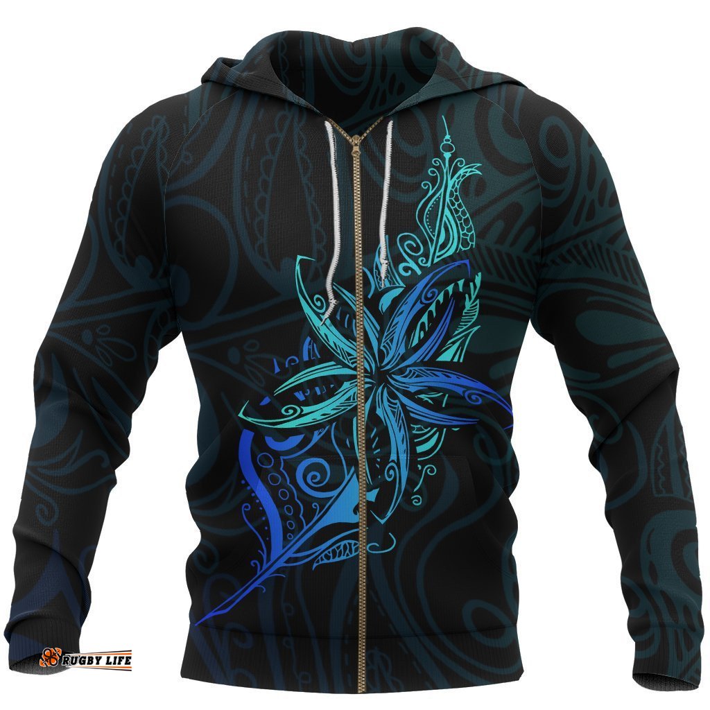 Light Silver Fern New Zealand Zip Hoodie, Frangipani Tattoo Full Zip Hoodie