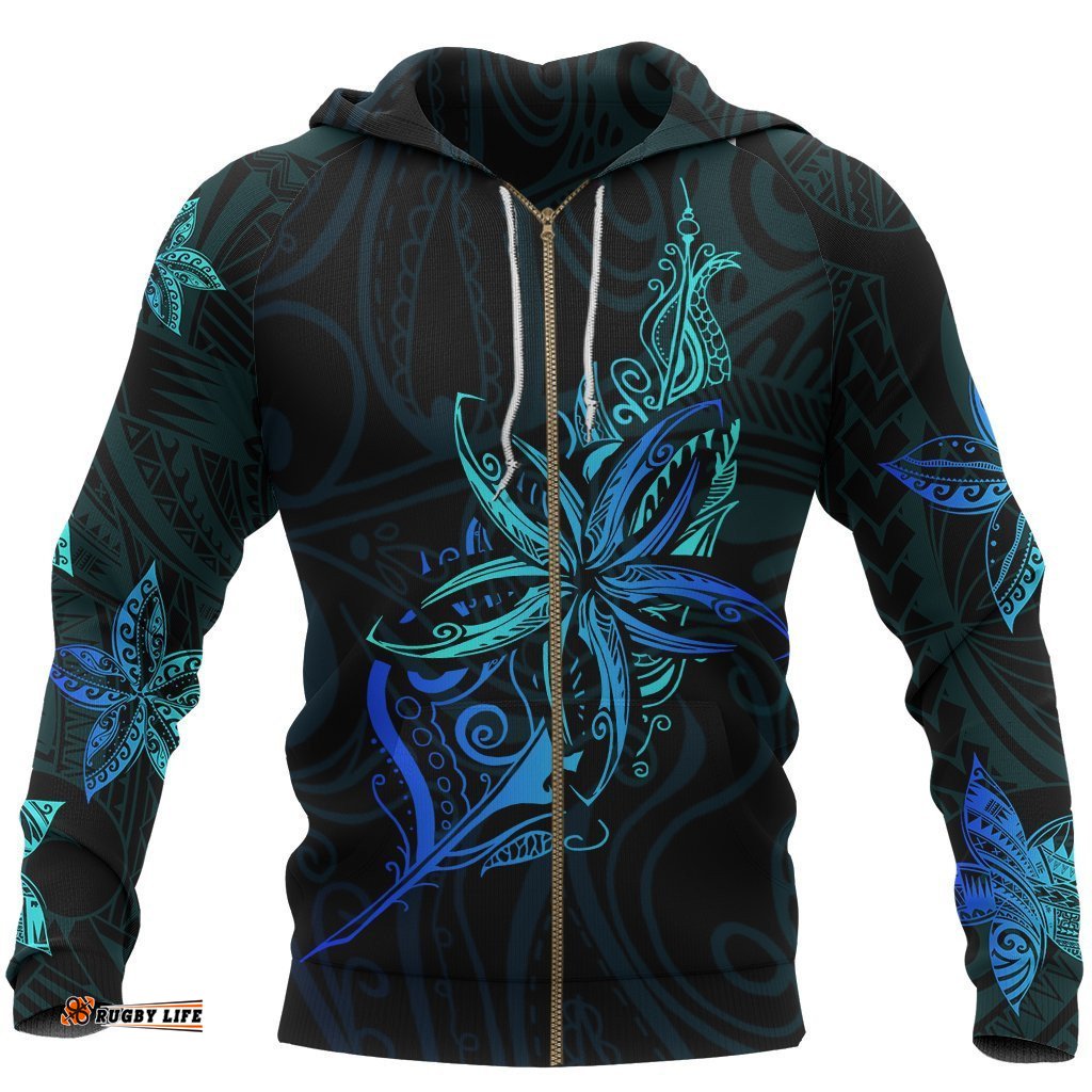 Light Silver Fern New Zealand Zip Hoodie, Frangipani Tattoo Full Zip Hoodie 02