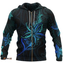Light Silver Fern New Zealand Zip Hoodie, Frangipani Tattoo Full Zip Hoodie 02