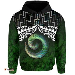 New Zealand Maori Hoodie, Poutama Koru Paua Shell Pullover Hoodie